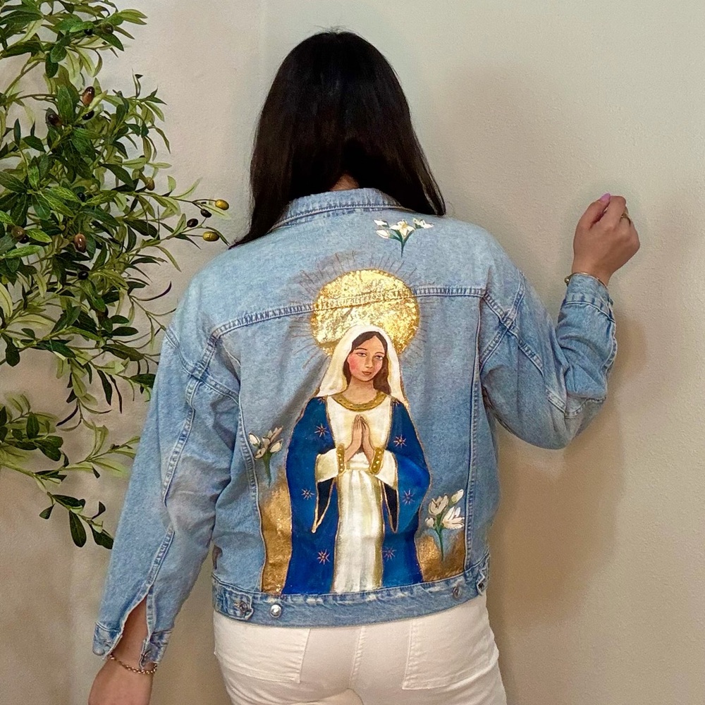 Hand-Painted Denim Jacket with Gold virgin Mary Design